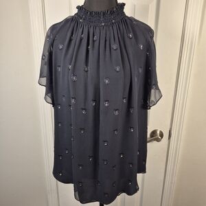 Camilla & Marc Silk Navy Gold Embellished Ruffle High Neck Blouse Size 4